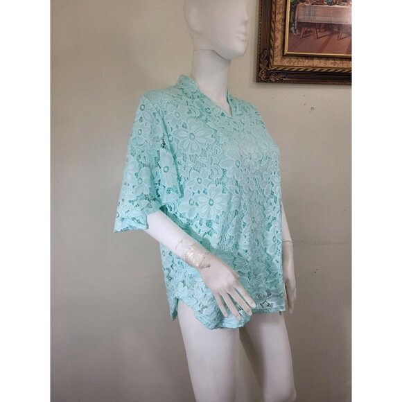 Investments Women's Top Blouse Size S P Petite Nylon Blend Lace V-Neck Aqua (33) - Picture 4 of 11